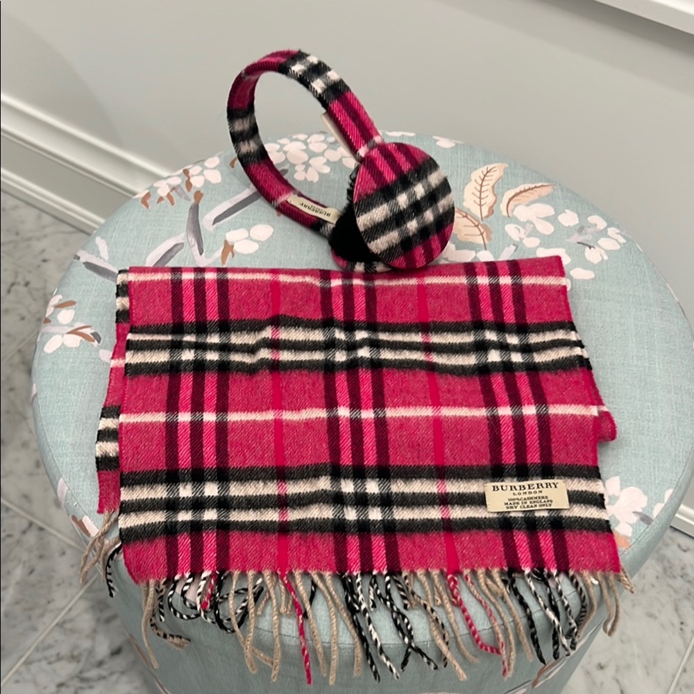 Burberry Pink Plaid Scarf and earmuff Set